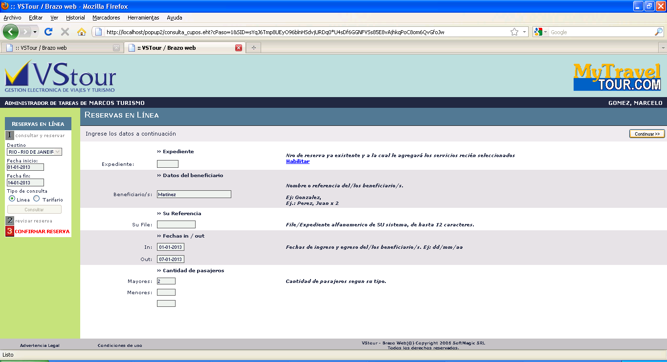 Reservas en línea - Ingreso de datos