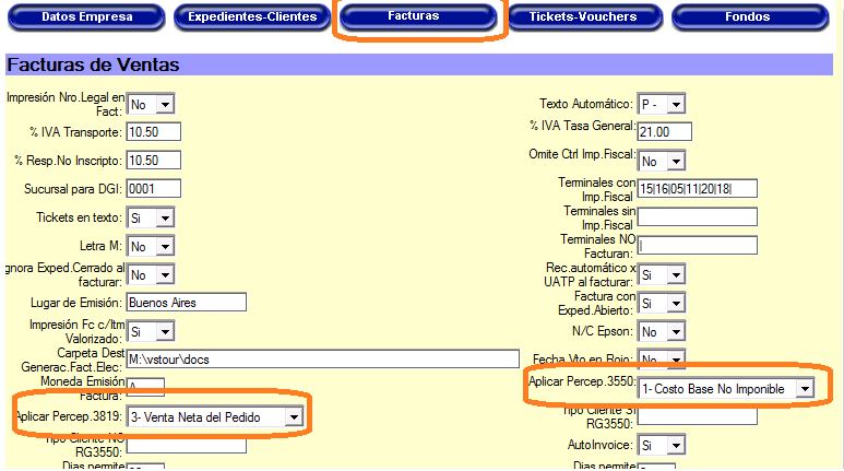 Variables de configuración Facturas para percepciones