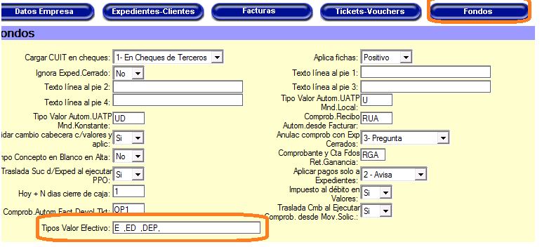 Variables de configuración Fondos para tipos de valor efectivo