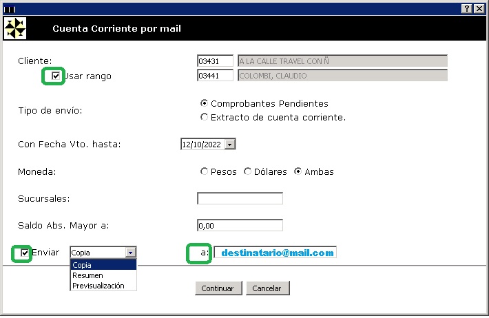 configurar envío cuenta corriente